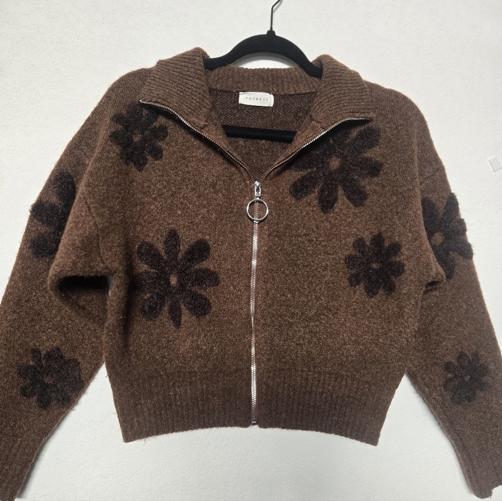 PROMESA Brown Floral Zip-Up Sweater.Size S